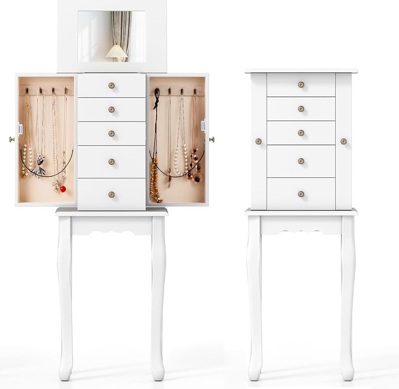 COSTWAY Standing Jewelry Armoire Cabinet with 5 Drawers, Side Doors, a