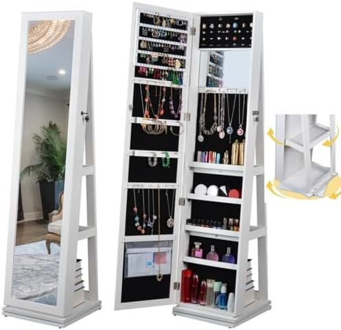 360° Swivel Jewelry Cabinet Mirror with Full-Length Rotating Mirror an